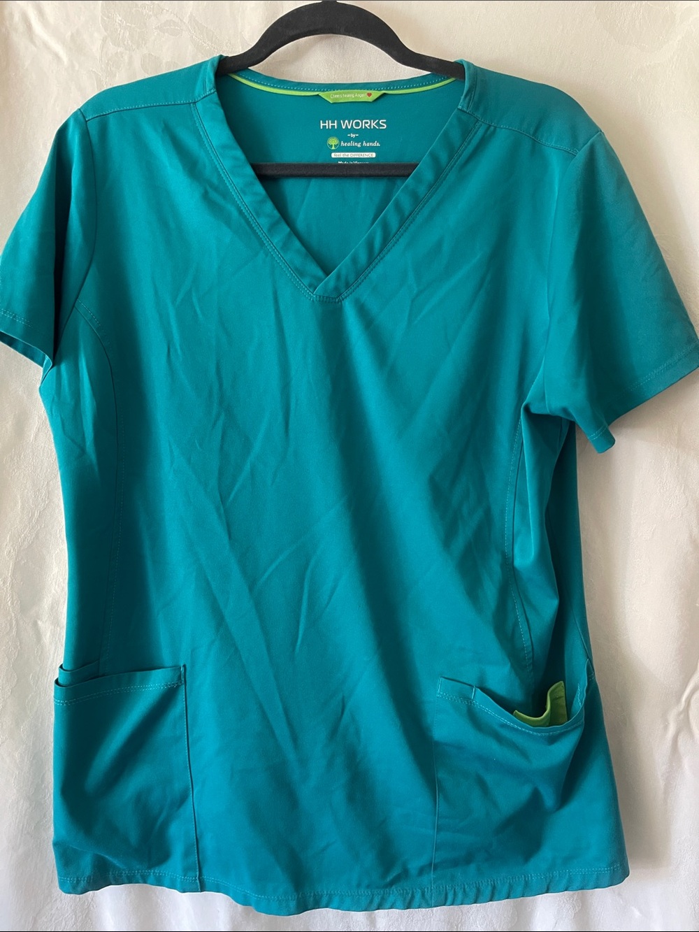 healing hands Teal V-Neck Short Sleeve Medical Scrub Top